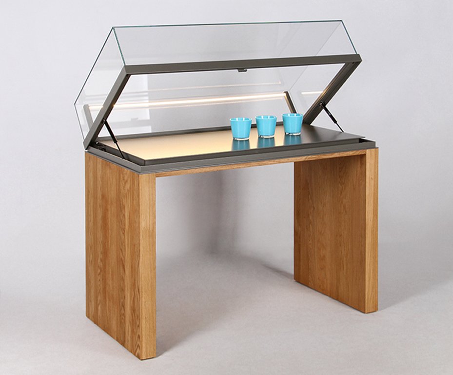 Tischvitrine mit Wangengestell aus Eiche-Echtholz aufklappbare Sicherheitsglas-Glashaube