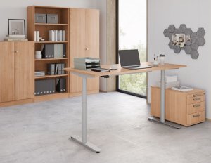 Sitz- u. Stehschreibtisch Holztischplatte weiß mit weißen Büromöbel in Ahorn-Holzdekor