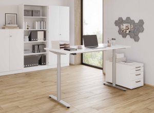 Sitz- u. Stehschreibtisch Holztischplatte weiß mit weißen Büromöbel in Ahorn-Holzdekor