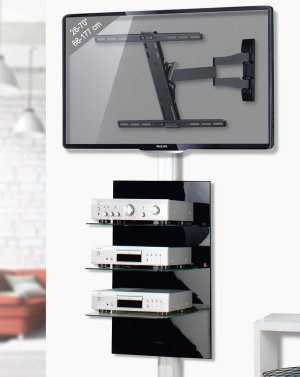 TV-Wandhalterung mit Schwenkarm und Wandregal für TV-Zusatzgeräte
