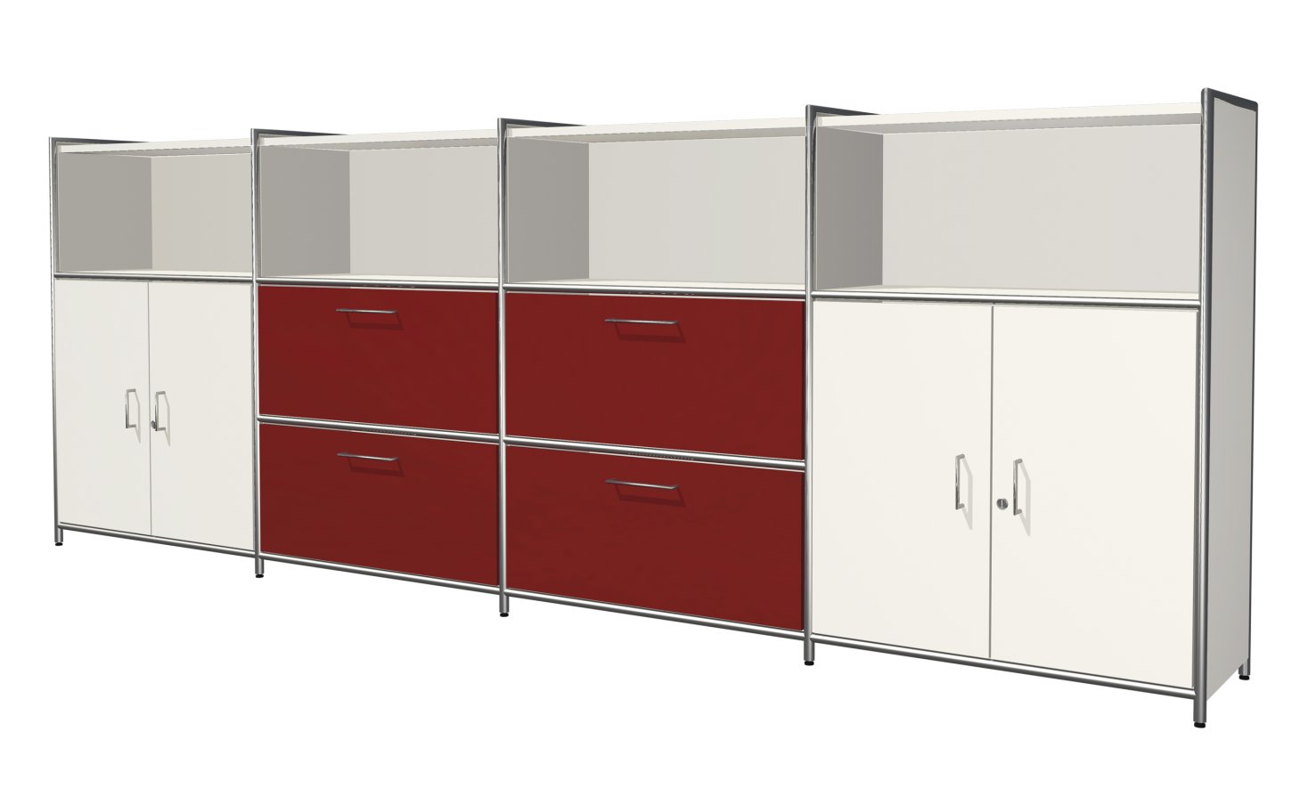 weiß-rotes Büro-Highboard mit offenen Schrankfächer, Schubladen und abschließbaren Türen