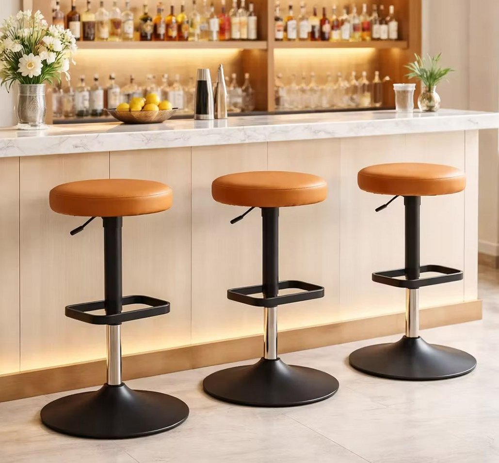 Klassischer bequemer Bar-Tresenhocher Tellersitz gepolstert, Metallgestell schwarz mit Fußstütze
