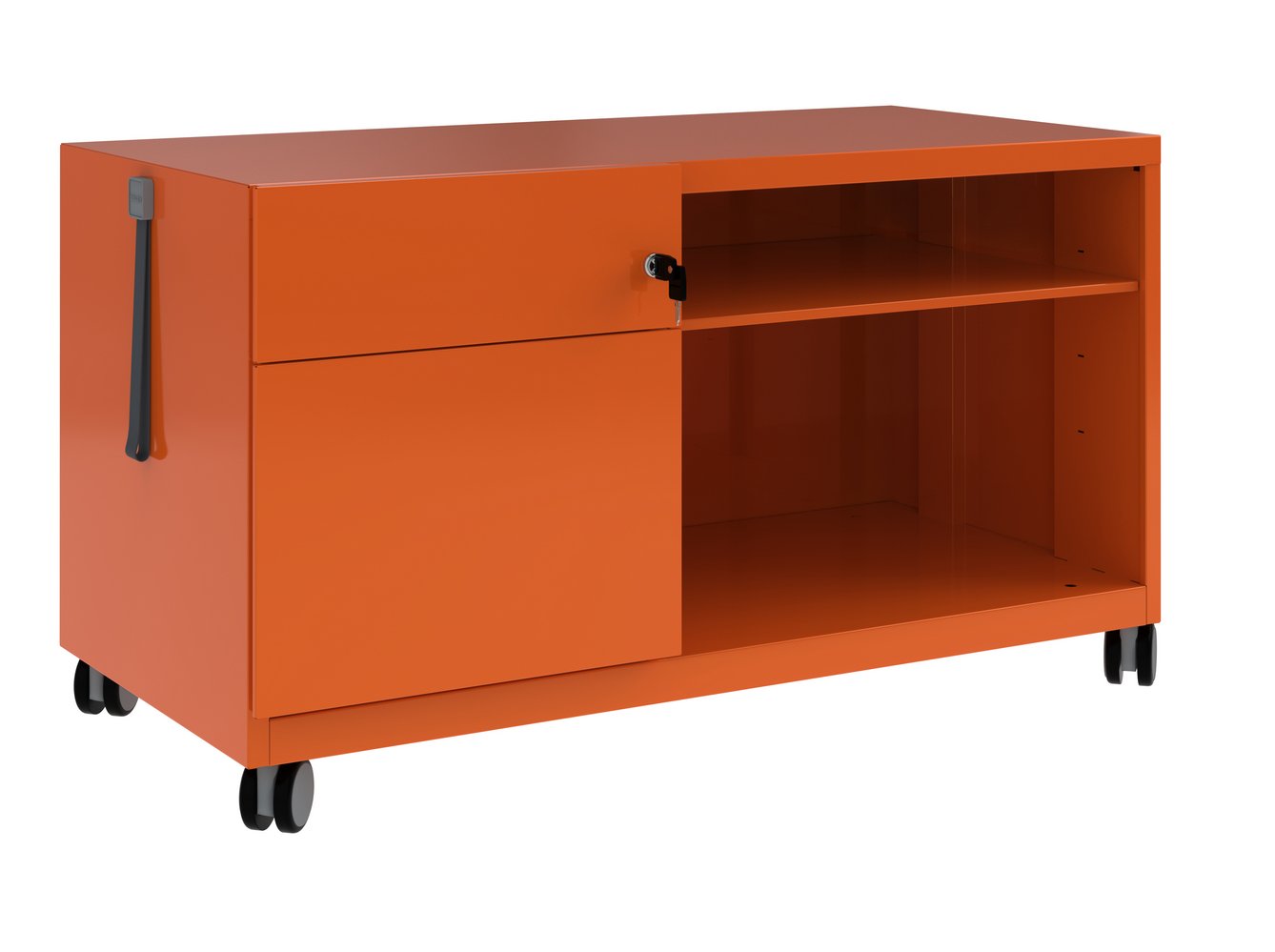 orangefarbener Schreibtisch-Rollcontainer aus Stahl mit Hängeregisterschublade abschließbar