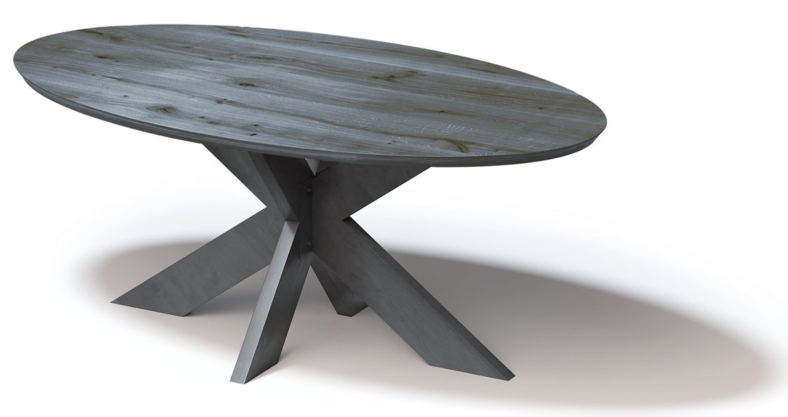 Ovaler 10-Personen-Besprechungstisch schiefergraue Tischplatte aus Eiche-Massivholz auf Blankstahl-Gestell