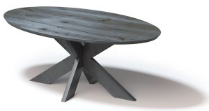 ovalförmiger Tisch mit Eiche-Massivholz-Tischplatte in schiefergrau geölt auf Doppel-X-Stahlgestell