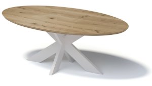 Tisch mit ovalförmiger Eichenholz-Tischplatte auf einem massivem Stahlgestell