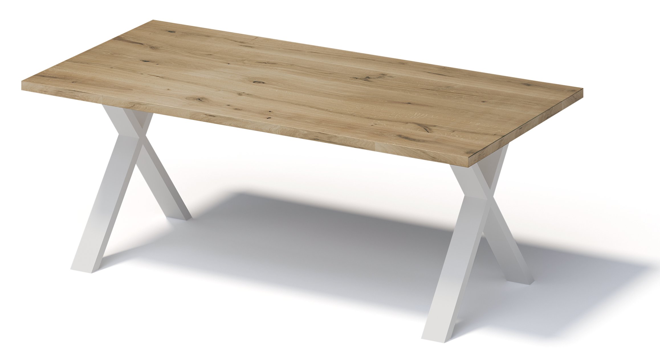 Besprechungstisch mit Eiche-Massivholz-Tischplatte 300 x 100 cm auf X-förmigen Stahlgestell reinweiß
