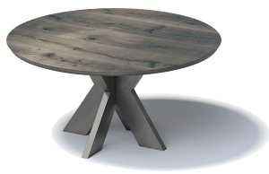 Tisch mit runder Eichenholz-Tischplatte in schiefergrau auf einem massivem Stahlgestell