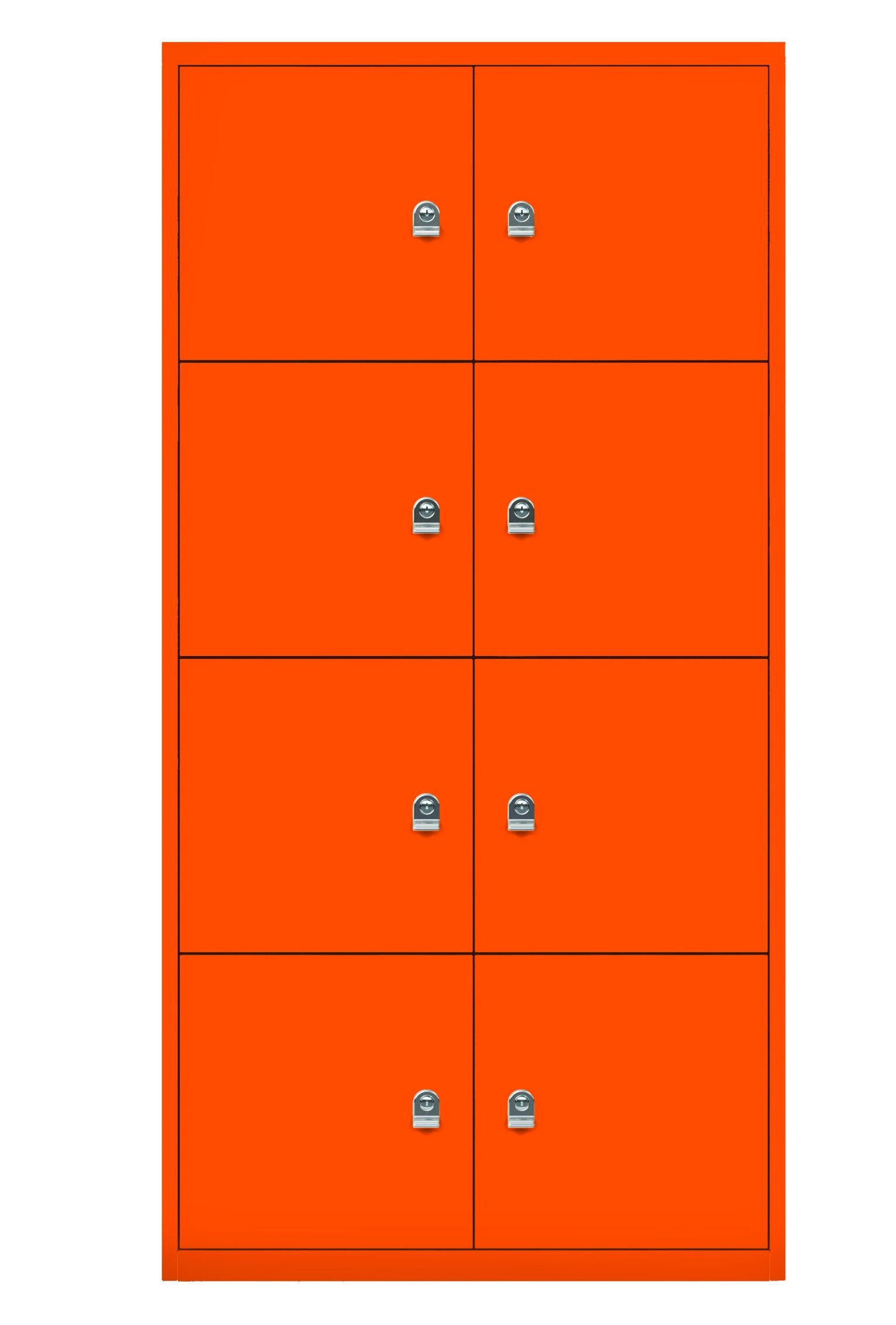 Schließfachschrank aus Stahl mandarinrot mit 8 Schließfächer