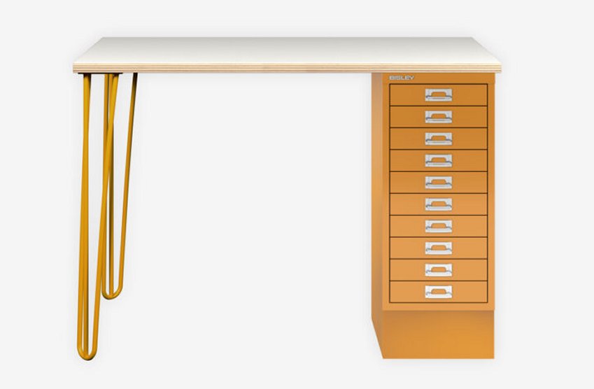 kleiner HomeofficeSchreibtisch mit Untertisch-Schreibtischcontainer als Tischplattenablage und 2 Stahl-Tischbein