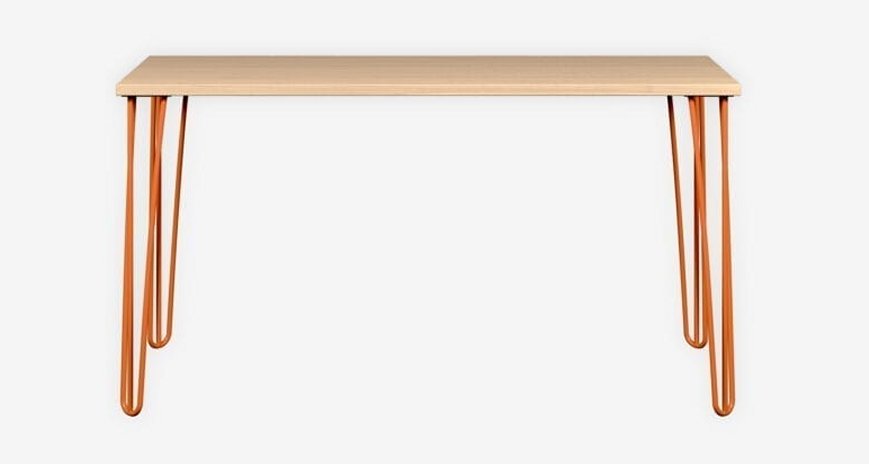 schöner Homeoffice-Schreibtisch 140 x 60 cm   orangefarbene Stahl-Tischbeinen Holztischplatte Eiche-Dekor