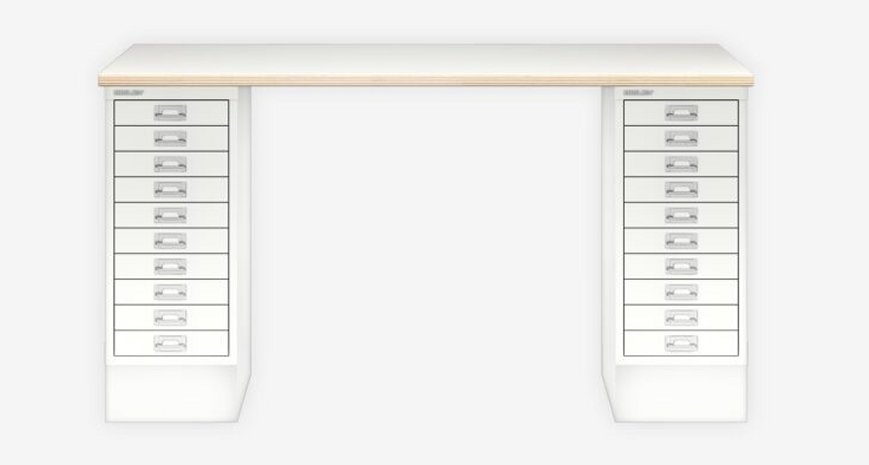 kleiner Schreibtisch für das Home-Office mit 2 weißen Untertisch-Schubladenschränke  als Tischbeine