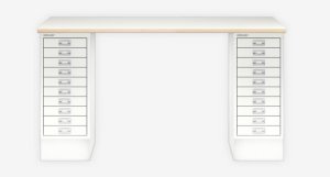 Schreibtisch für das Home-Office mit 2 weißen Untertisch-Schreibtischcontainer als Tischbeine