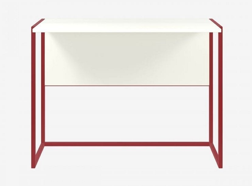 moderner Homeoffice-Schreibtisch roter Stahlrahmen weiße Tischplatte