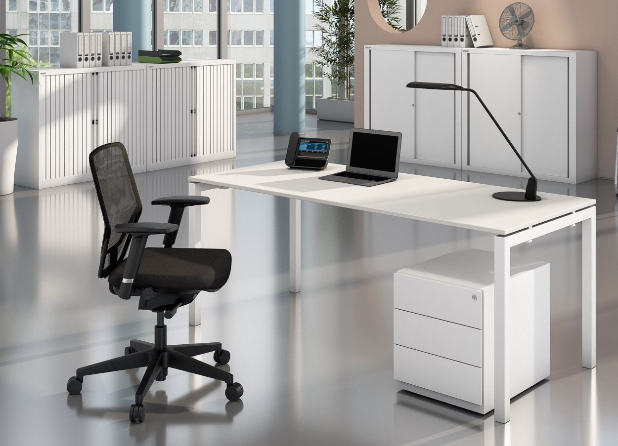 Büro-Arbeitsplatzset Schreibtisch 160x80 cm bequemen Bürodrehstuhl und abschließbarer Stahl-Rollcontainer