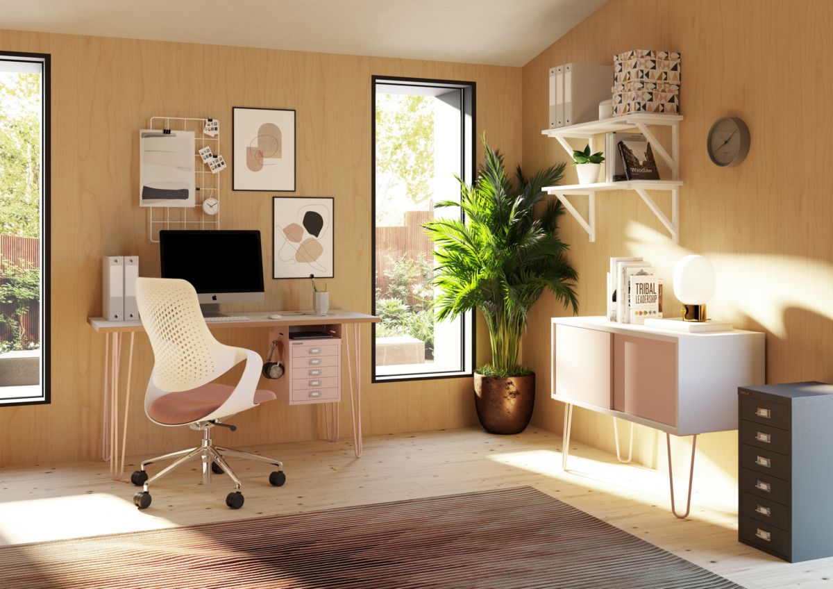 pink / weißes Büro-Sideboard moderne Homeoffice-Ausstattung