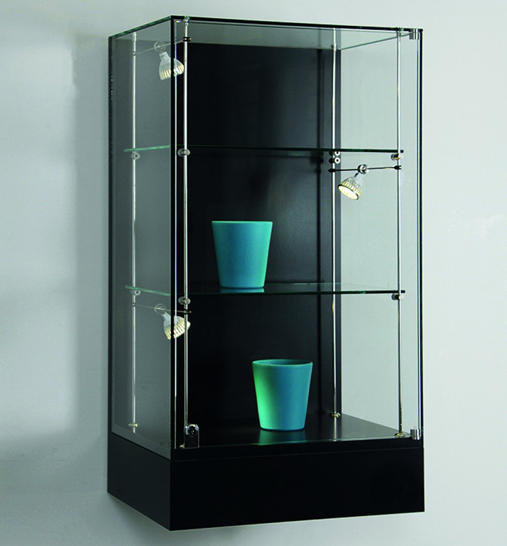 Wandvitrine Glas auf Glas UV-verklebt mit höhenverstellbaren Klarglasböden