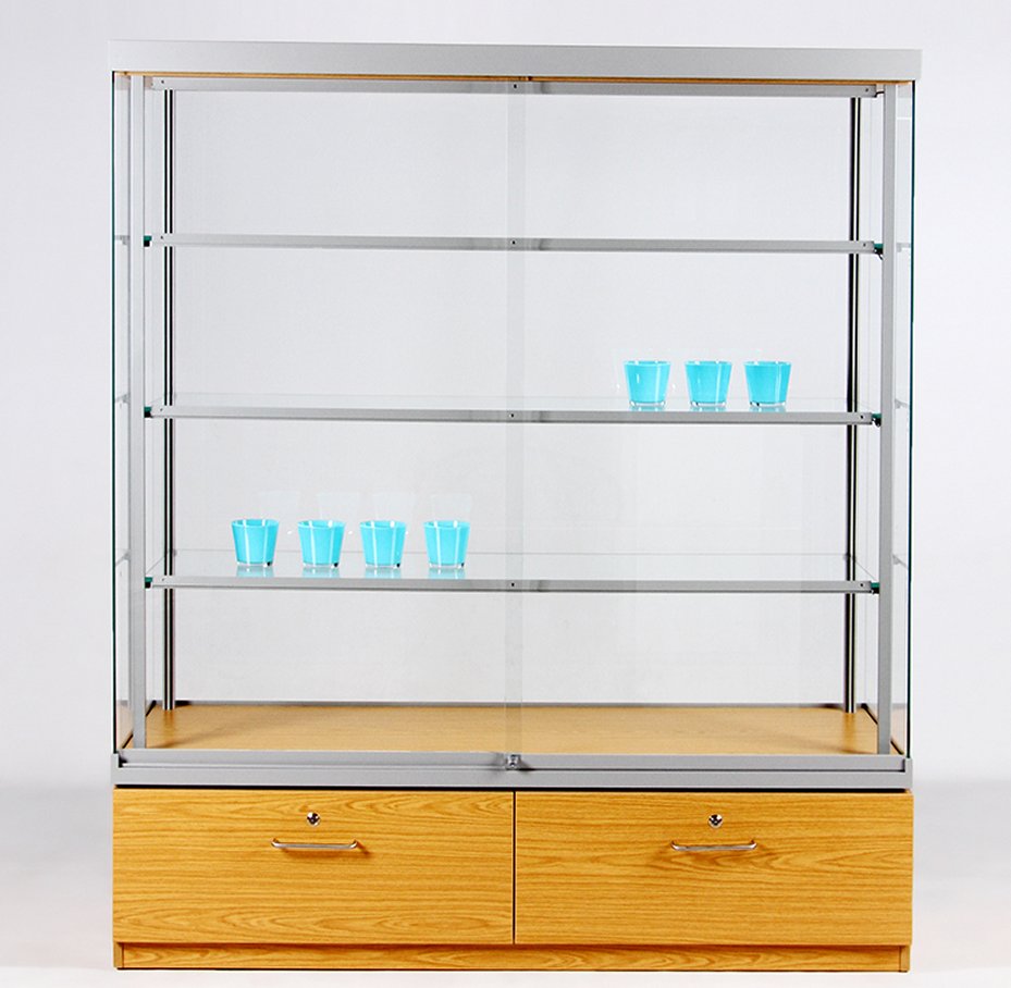 große, rahmenlose Schrankvitrine mit Schubladen-Unterschrank