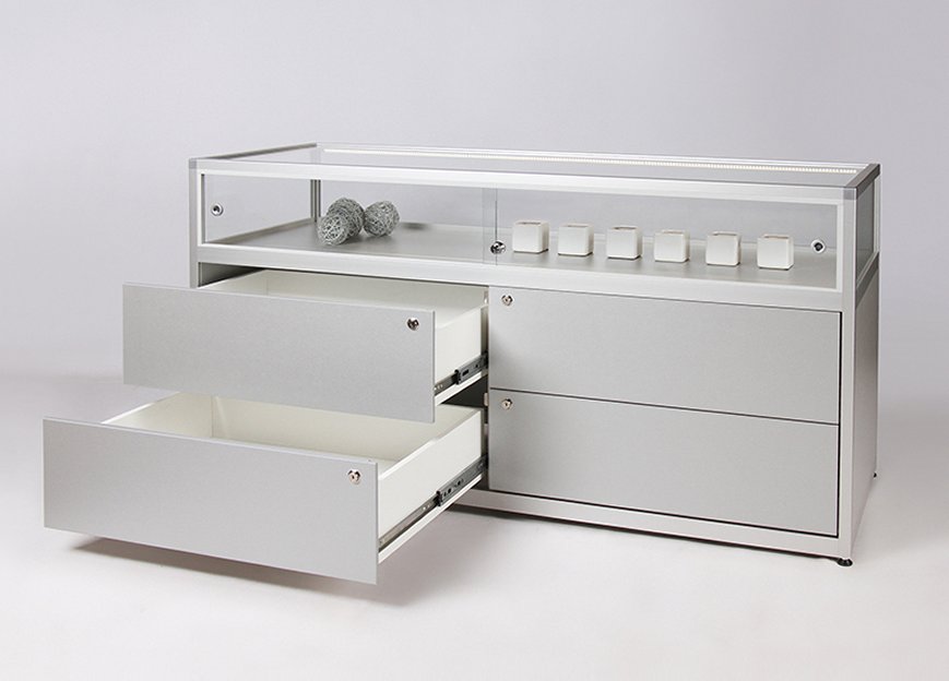 Ladenvitrine abschließbare Schubladen mit Push-to-open-Mechanismus und Auszugssperre