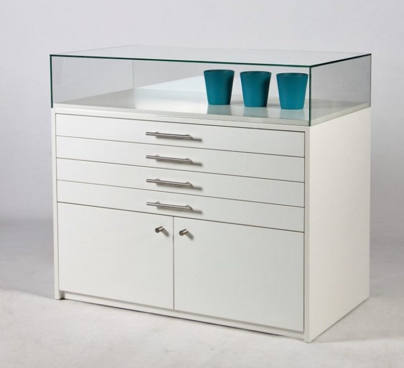 Thekenvitrine 120x60x100cm mit abnehmbarer rahmenloser Glashaube auf Schubladen-Unterschank