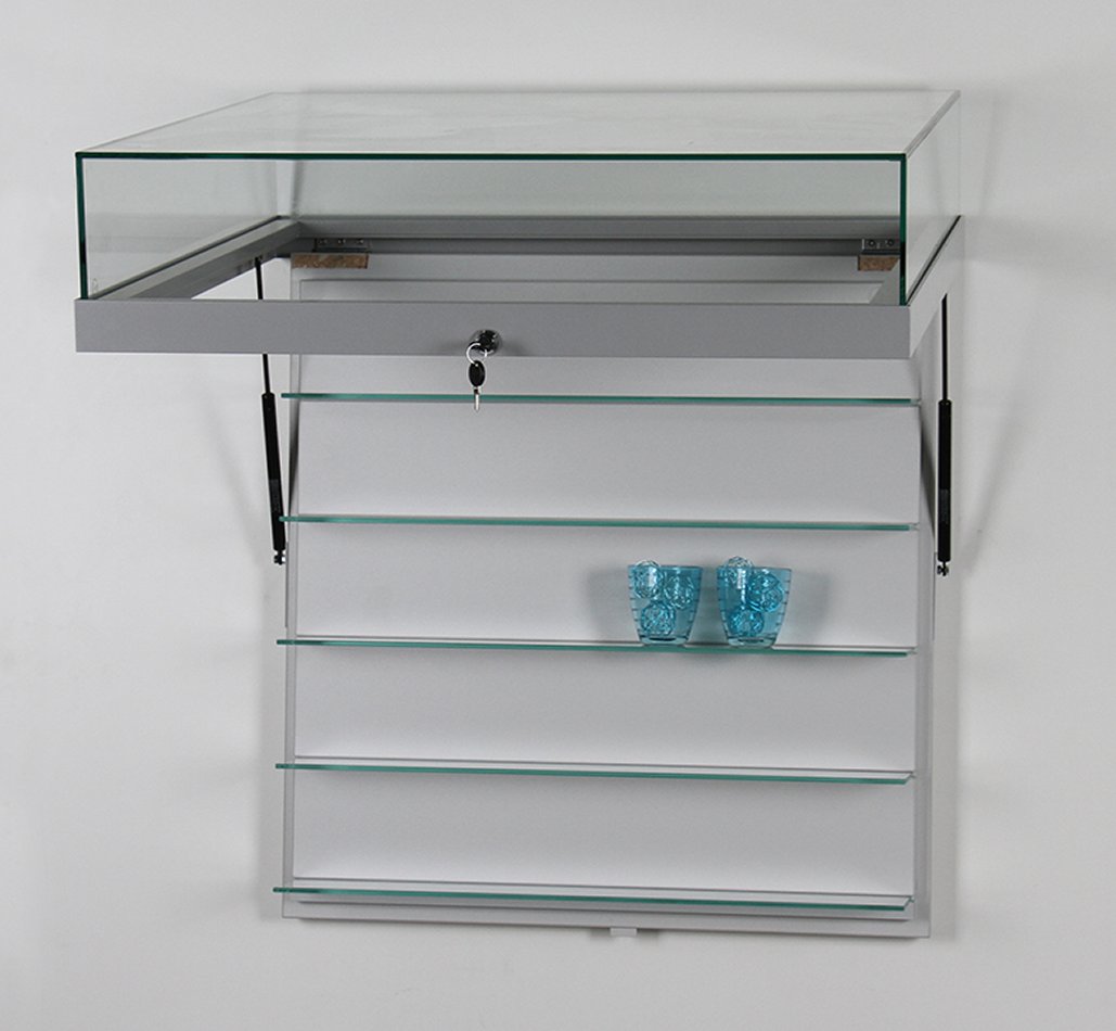 Wandvitrine abschließbare Glashaube mit Gasdruckfedern fest eingebaute Klarglas-Fachböden Tiefe = 15 cm