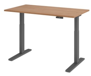 günstiger und hochwertiger Sitz-Stehschreibtisch mit Nussbaum Tischplatte