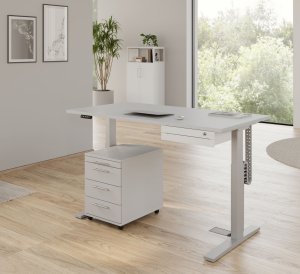 preiswerter elektrisch höhenverstellbarer Sitz-Stehschreibtisch silbergrau