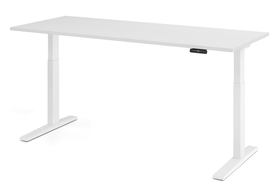 weißer Sitz-Stehschreibtisch Tischhöhe bis 120 cm stufenlos elektrisch einstellbar