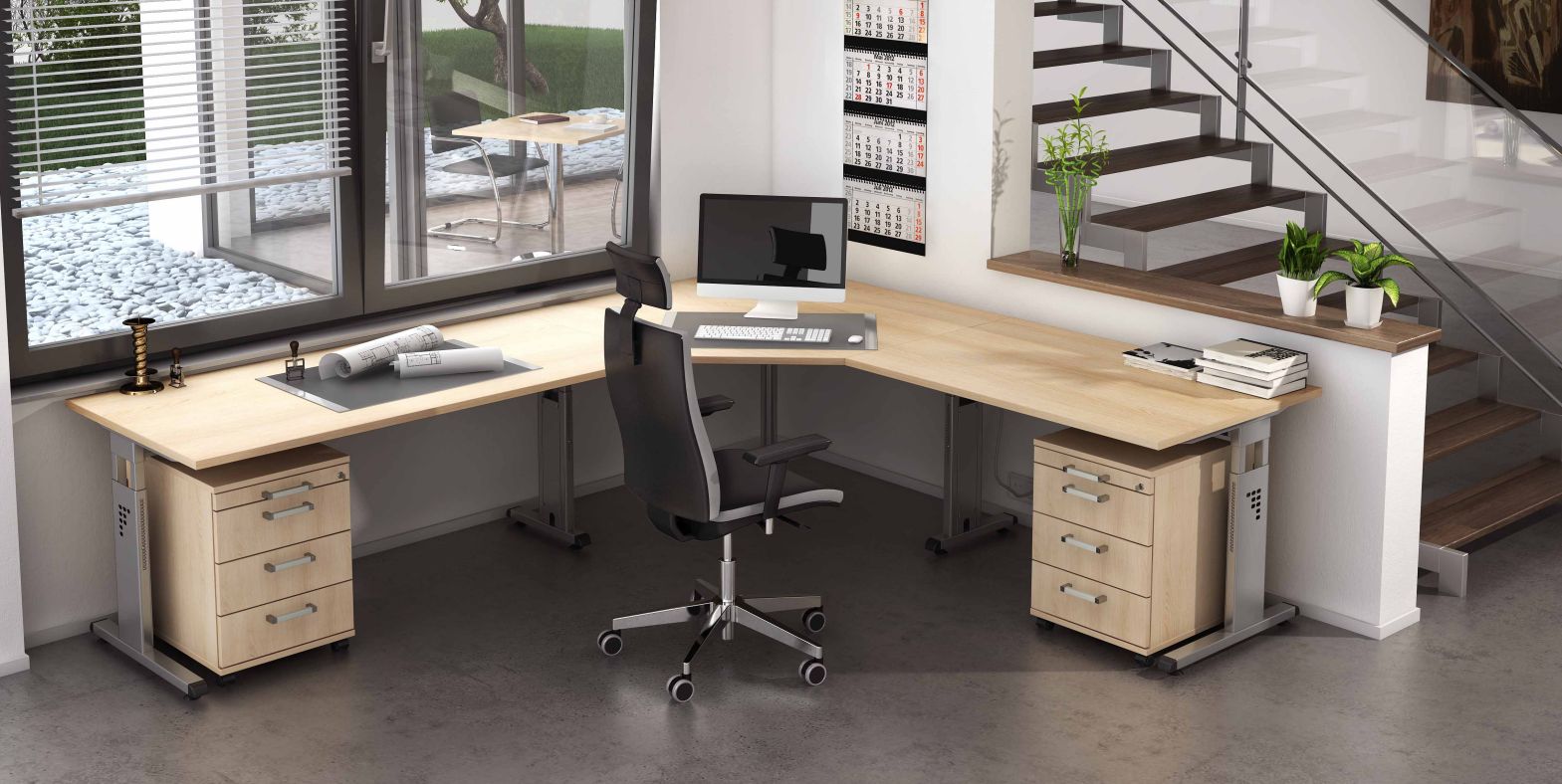 hochwertige Home-Office-Möbel höhnenverstellbarer Winkelschreibtisch, ergonomischer Schreibtischstuhl, abschließbarer Rollcontainer