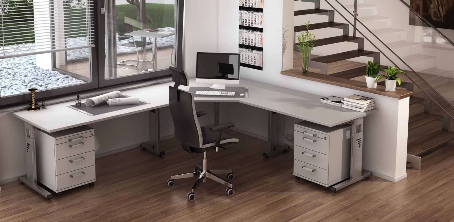 Winkelschreibtisch höhenverstellbar,  Schreibtischstuhl, Rollcontainer als preiswertes Home-Office-Möbelset