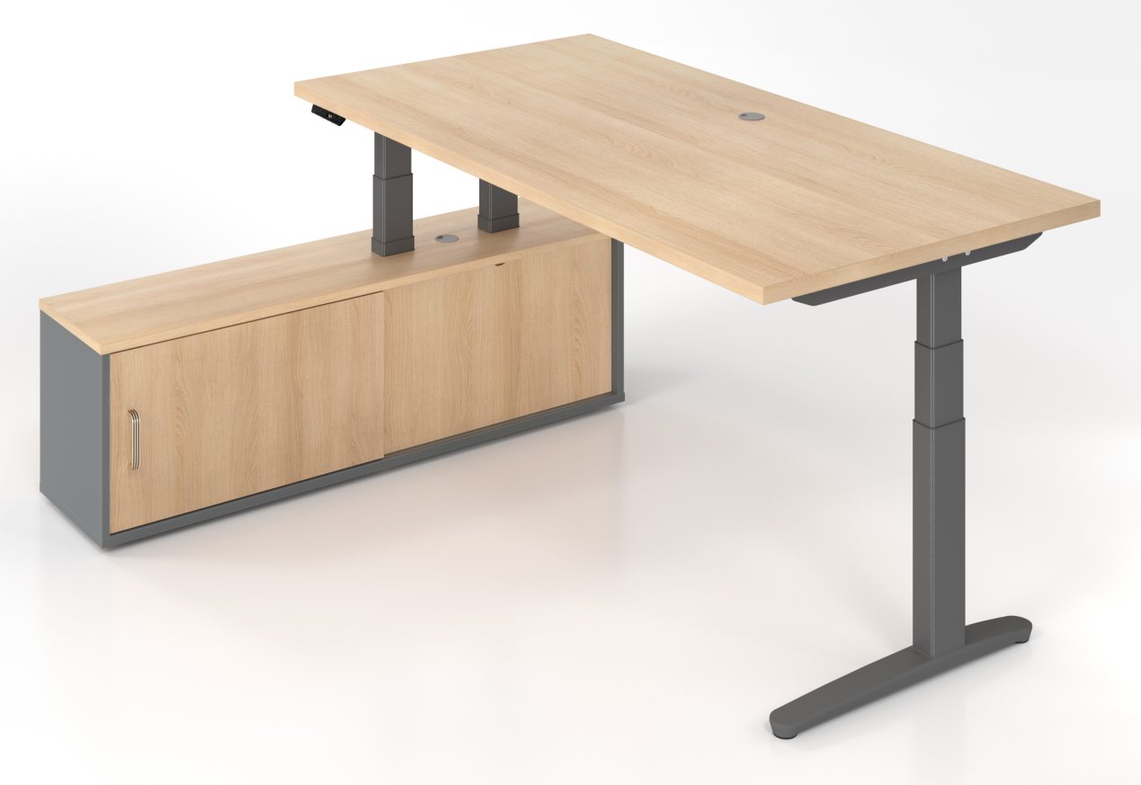 großflächiger Schreibtisch zu einem Stehtisch höhenverstellbar mit Büroschrank als Tischauflage