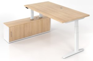 massiver Auflagen-Sitz-Steh-Schreibtisch mit Büroschrank als Tischauflage