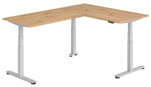großer, winkelförmiger Sitz-Stehbürotisch mit Strom- / USB-Anschlüsse