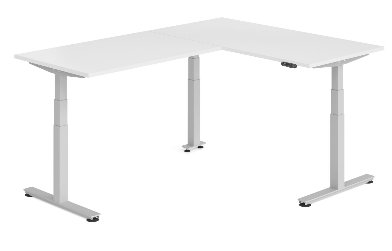 Sitz- und Stehbürotisch große Arbeitsfläche L-förmig mit Strom- / USB-Anschluß