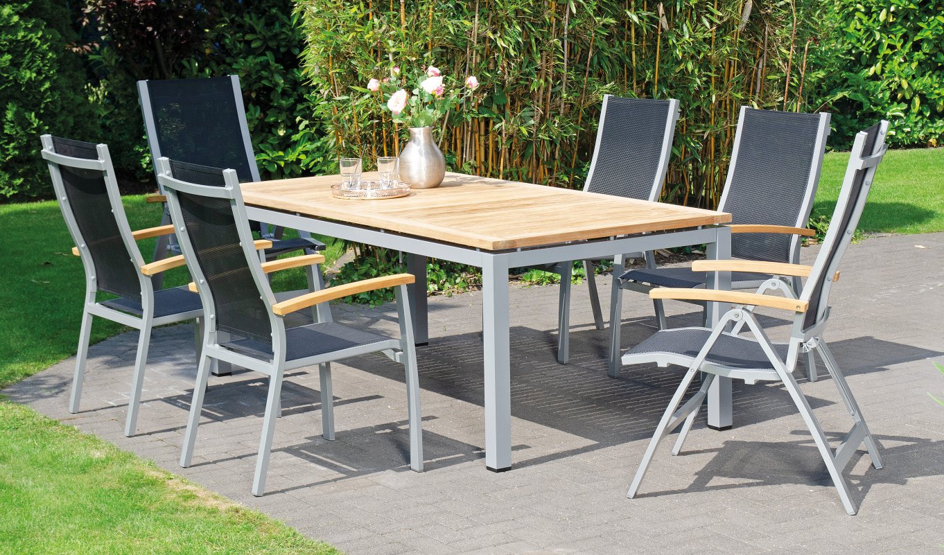 moderne bequeme Gartensessel Netzbezug Gartentisch Teak-Tischplatte