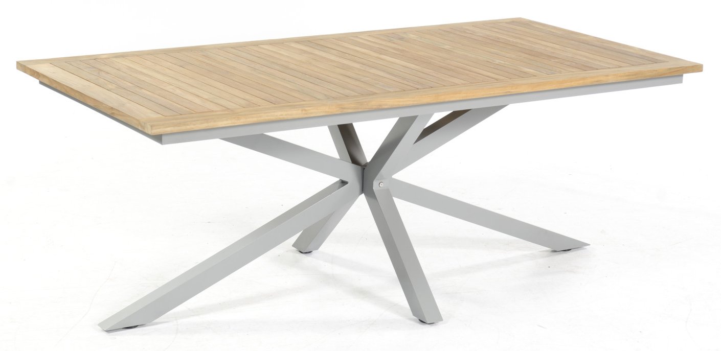 massiver Gartentisch mit sternförmigen Aluminiumgestell und Teakholz-Tischplatte