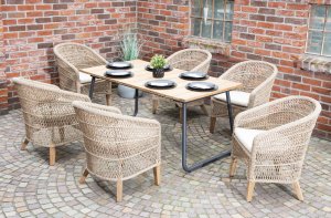 bequeme Geflecht-Gartensessel und wetterfester Gartentisch 160 x 90 cm Teakholz-Tischplatte