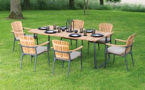 Gartentisch mit Teak-Tischplatte 200 x 100 cm und robuste Alu- / Teak-Gartenstühle