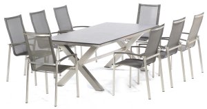wetterfester X-form-Edelstahl-Gartentisch mit stapelbaren Netzbezug-Gartenstühlen bequem und wetterfest