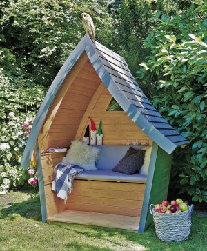 kleine Garten-Holzhütte sonnen- und regengeschütze Outdoor-Sitzgelegenheit