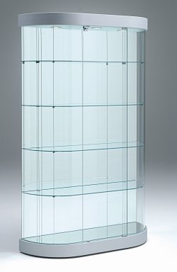 förmschöne halbovale Sammlervitrine mit gerader Spiegelrückwand mit LED-Deckenbeleuchtung