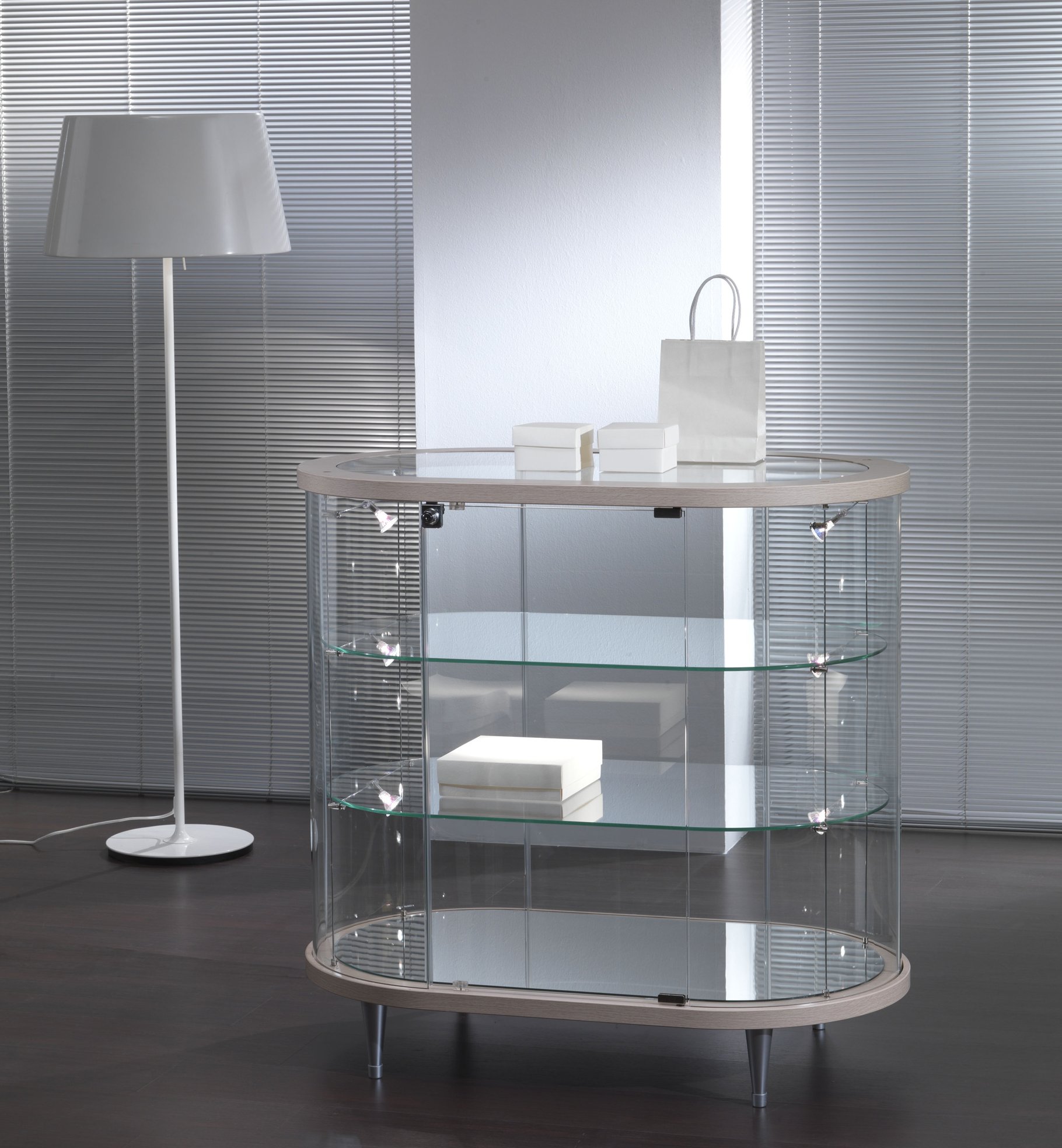 ovale abschließbare Thekenvitrine Breite x Tiefe x Höhe = 96x56x94 cm rahmenlose Konstruktion