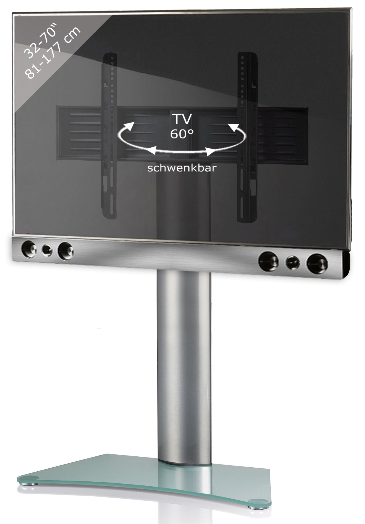 standstabiler TV-Standfuß mit Soundbarhalterung Bodenplatte Mattglas