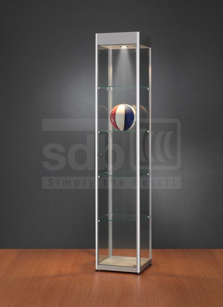 abschlie&szlig;bare Ladenvitrine mit Werbander in der Kopfleiste