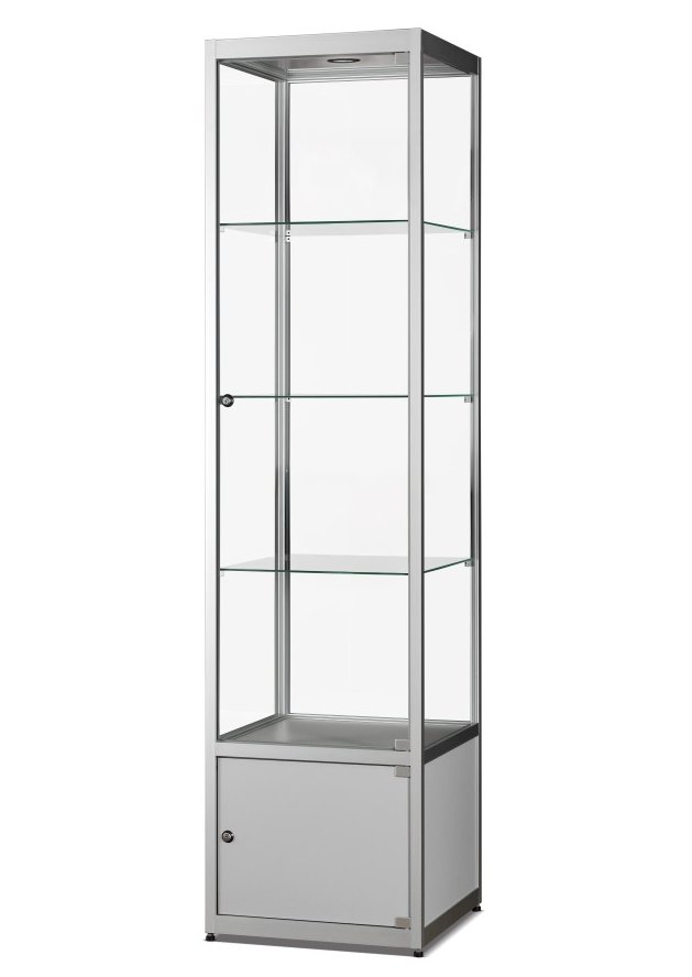 abschließbare Standvitrine mit Unterschrank 50 x 50 x 200 cm, bruchfestes ESG-Sicherheitsglas, LED-Deckenspot