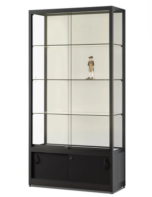 schwarze Standvitrine mit abschließbarem Unterschrank und eingebauter LED-Beleuchtung