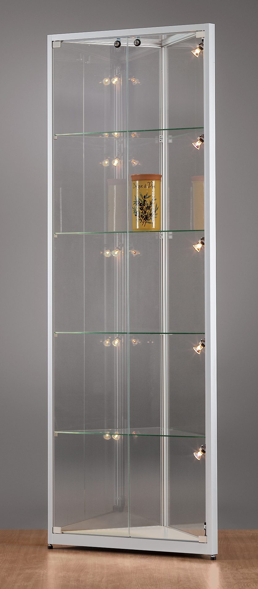 Eckvitrine WMS H500-H-Tech, silber, dreieckig Eckvitrine WMS H500-H-Tech, silber, dreieckig