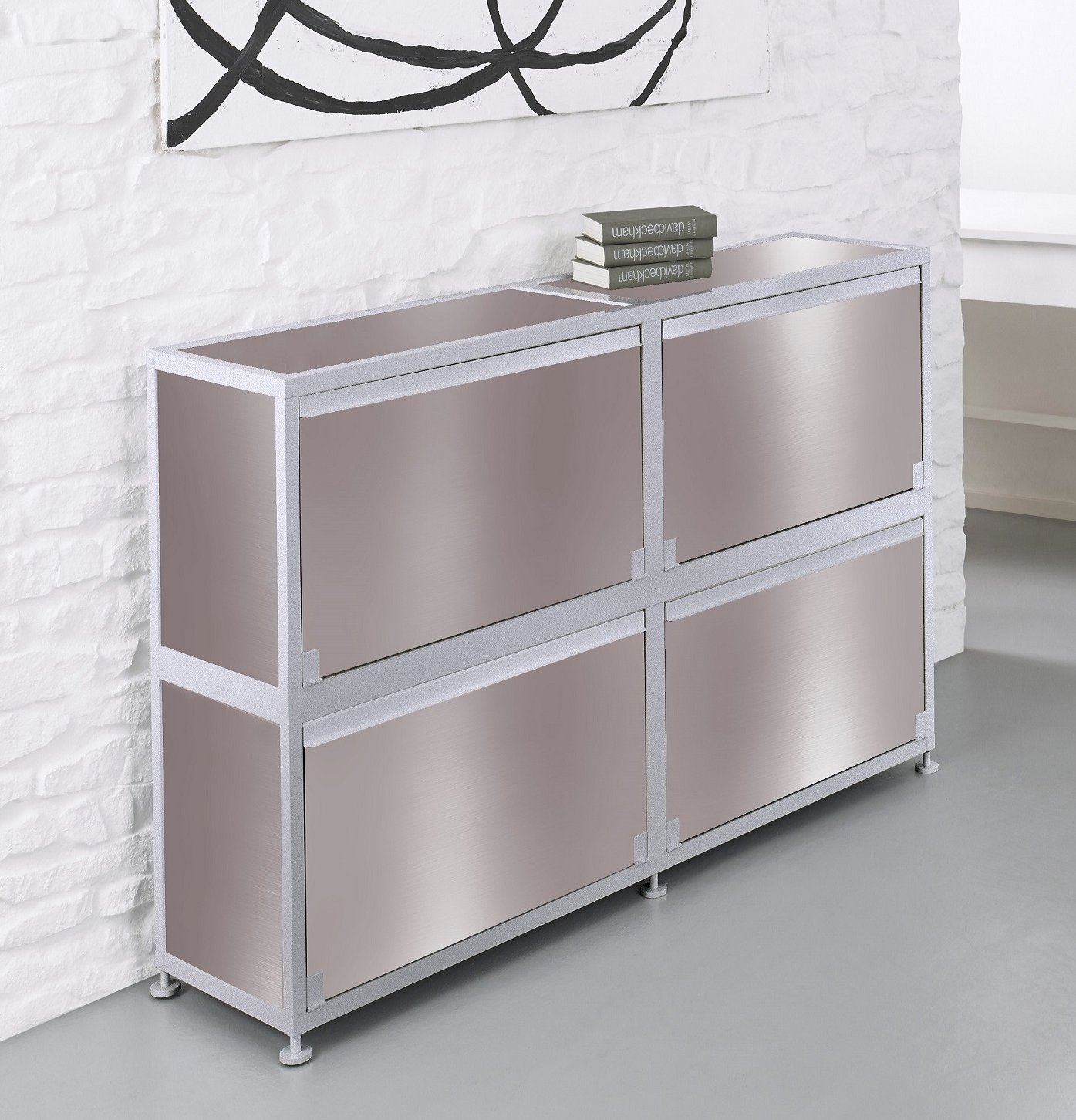 modernes Bürosideboard mit 4 abschließbaren Klapptüren Edelstahlfinish