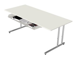 Schreibtisch mit weißer Tischplatte und ausziehbarem Ablagefach