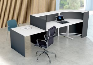 Beratungs- u. Empfangstheke  mit Sitz-Steharbeitsplatz und Besprechungs-Ansatztisch